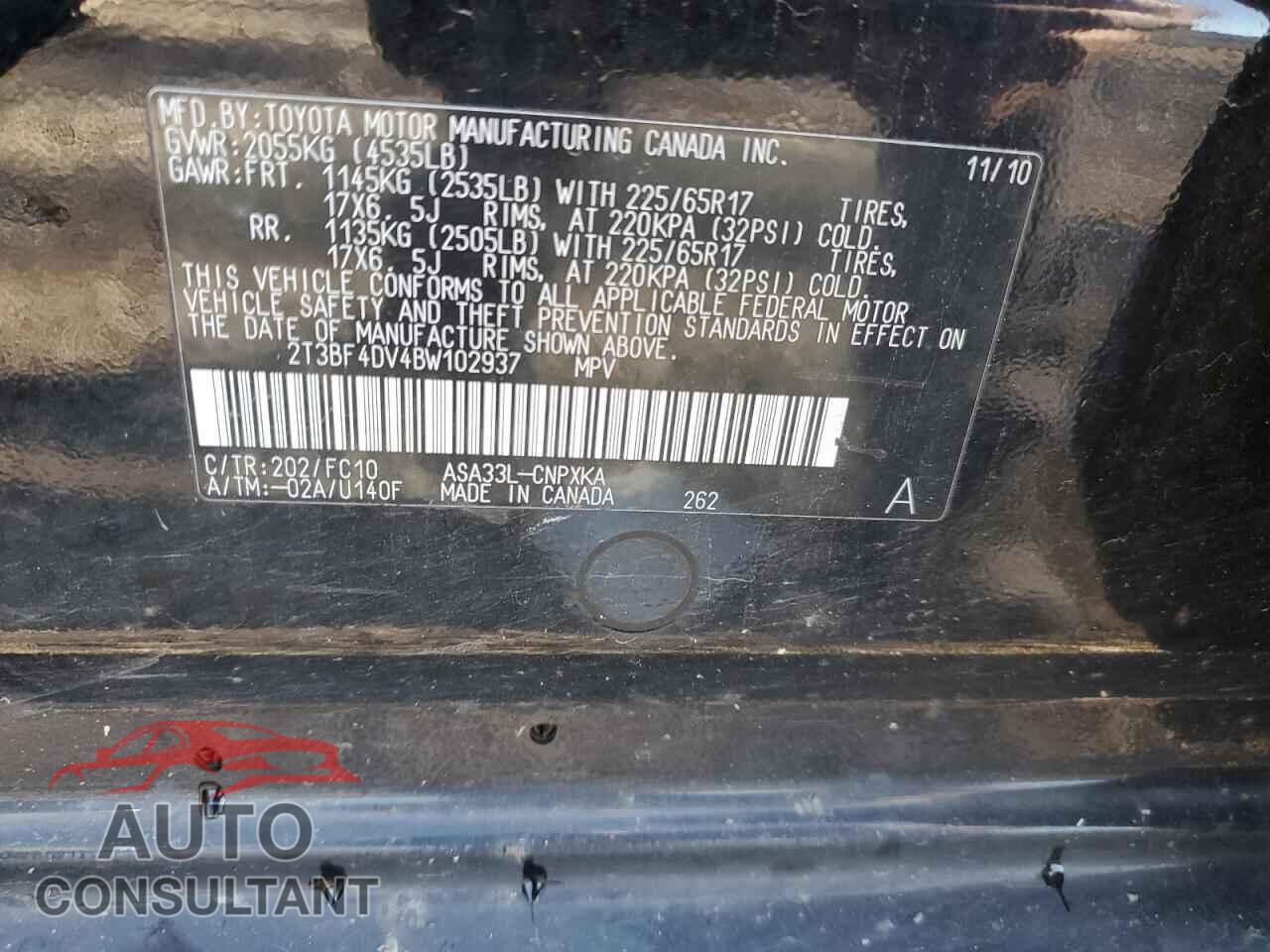 TOYOTA RAV4 2011 - 2T3BF4DV4BW102937