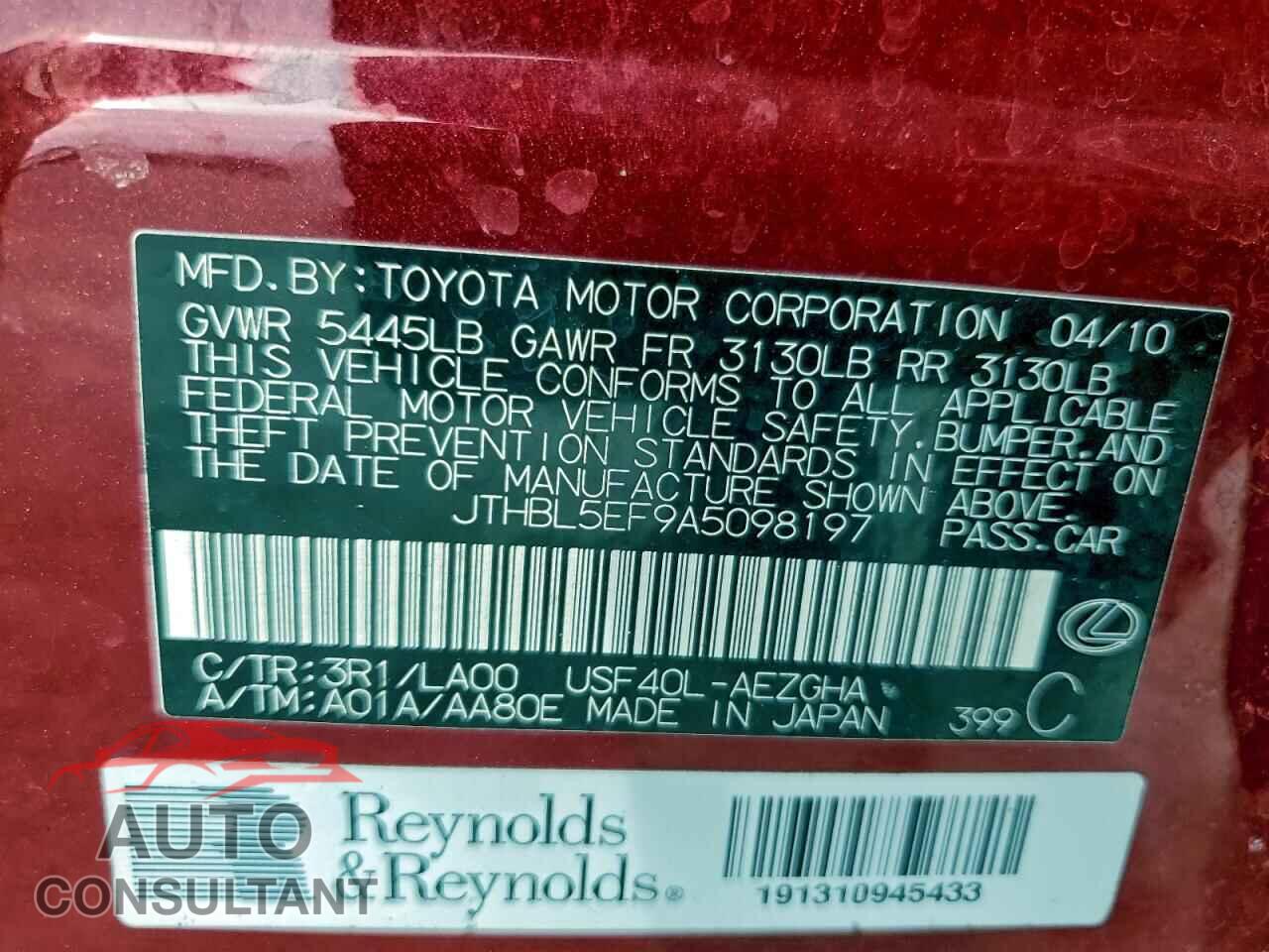 LEXUS LS460 2010 - JTHBL5EF9A5098197