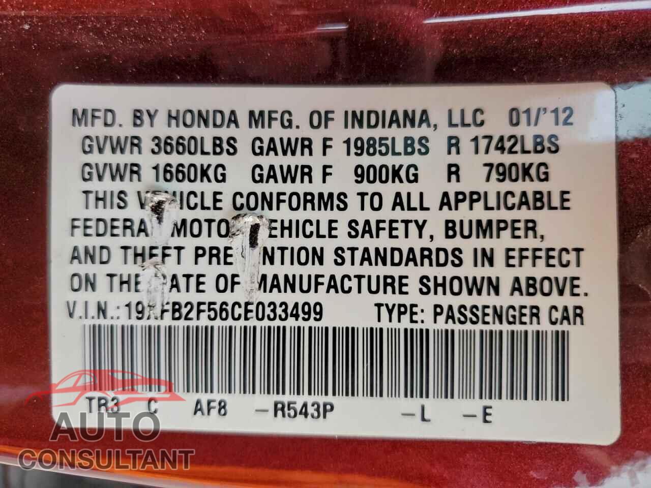 HONDA CIVIC 2012 - 19XFB2F56CE033499