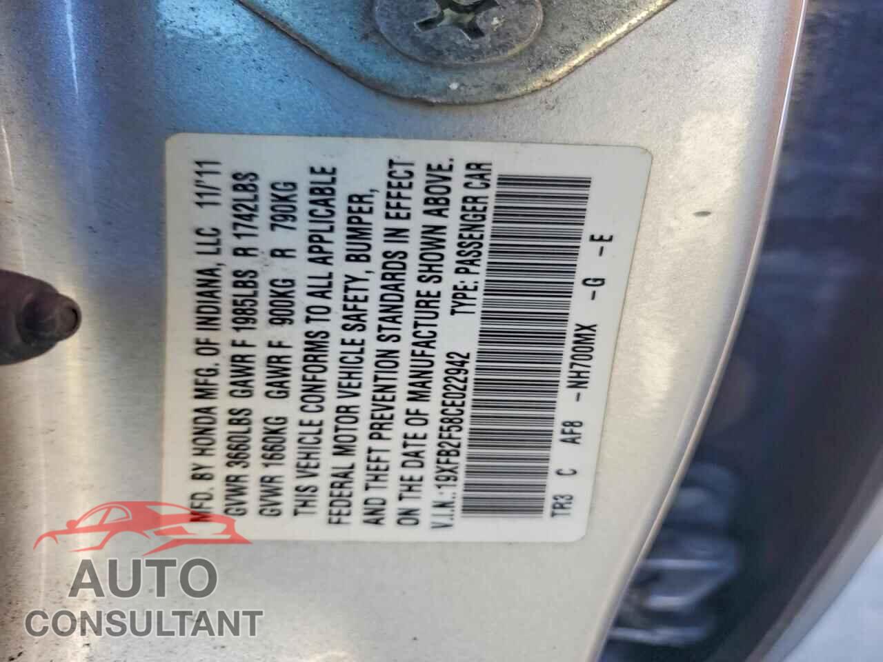 HONDA CIVIC 2012 - 19XFB2F58CE022942