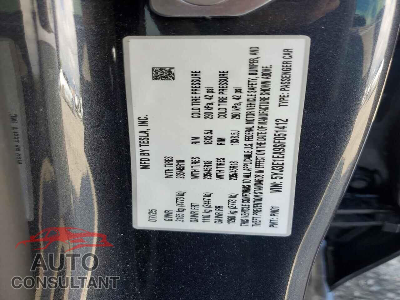 TESLA MODEL 3 2025 - 5YJ3E1EA9SF051412