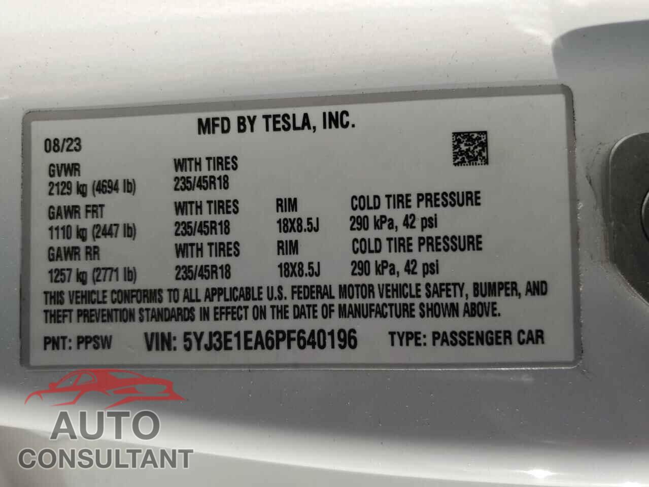 TESLA MODEL 3 2023 - 5YJ3E1EA6PF640196