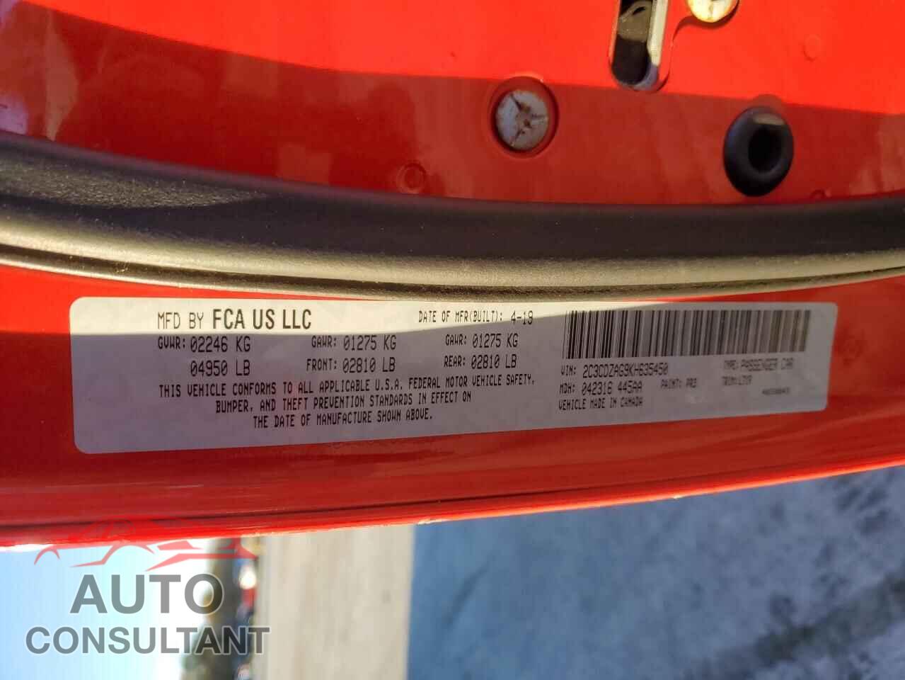DODGE CHALLENGER 2019 - 2C3CDZAG9KH635450