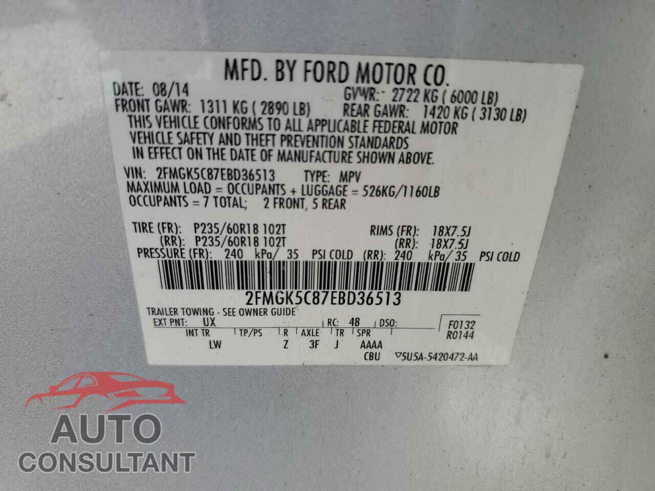 FORD FLEX 2014 - 2FMGK5C87EBD36513