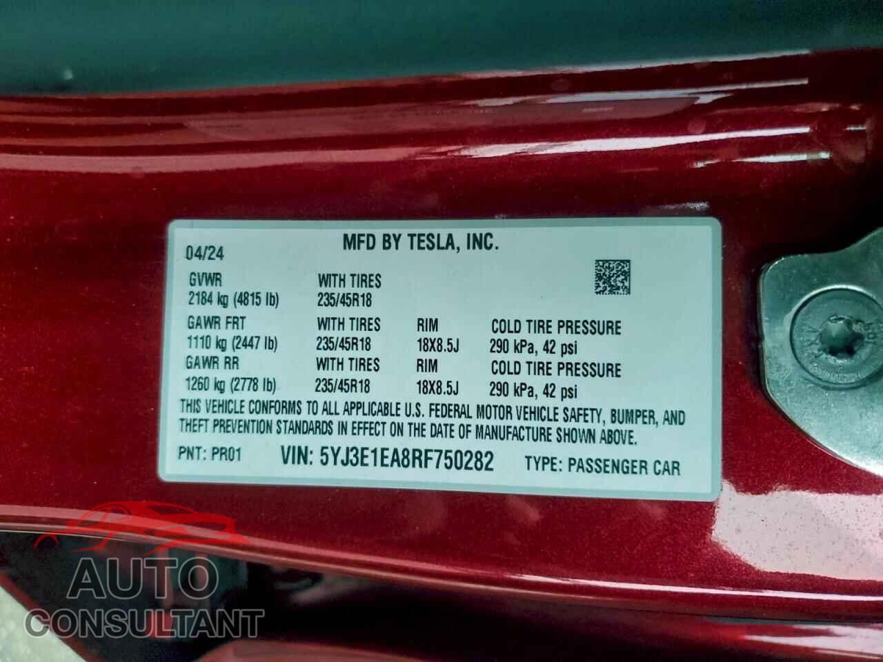 TESLA MODEL 3 2024 - 5YJ3E1EA8RF750282