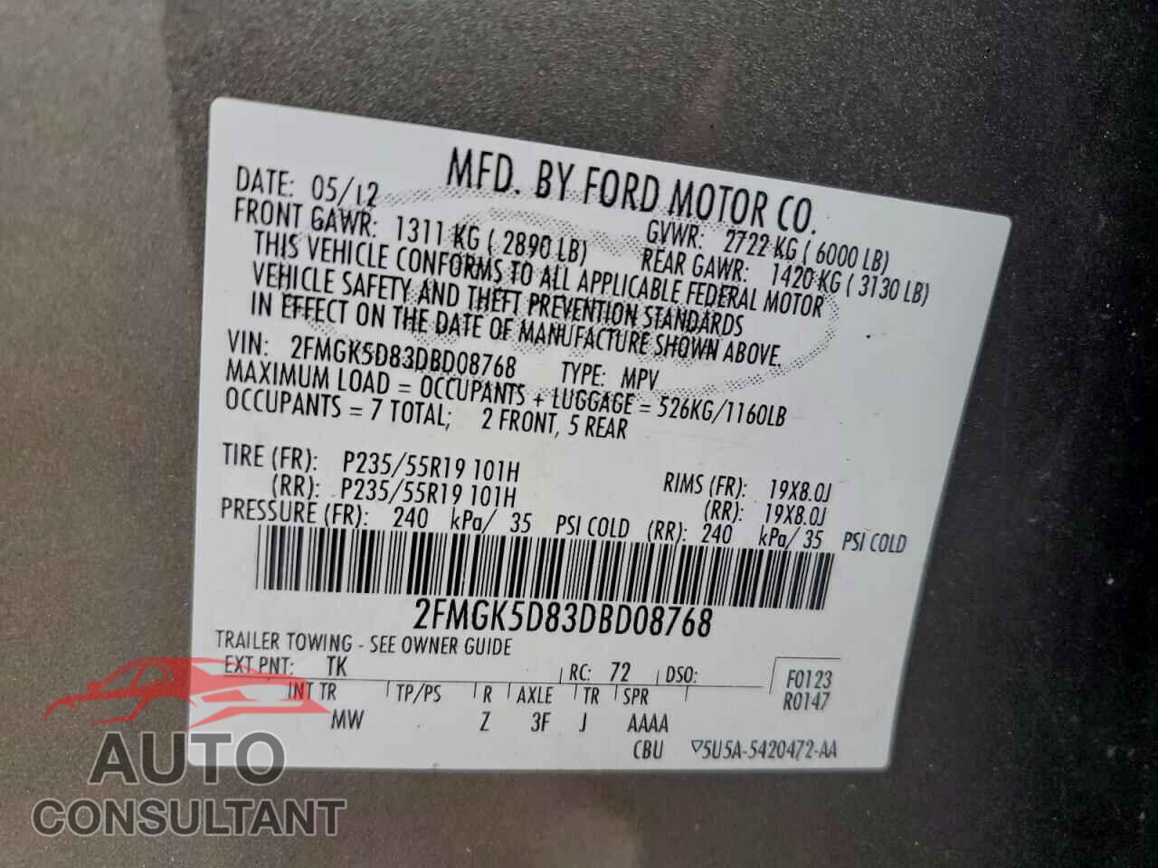 FORD FLEX 2013 - 2FMGK5D83DBD08768