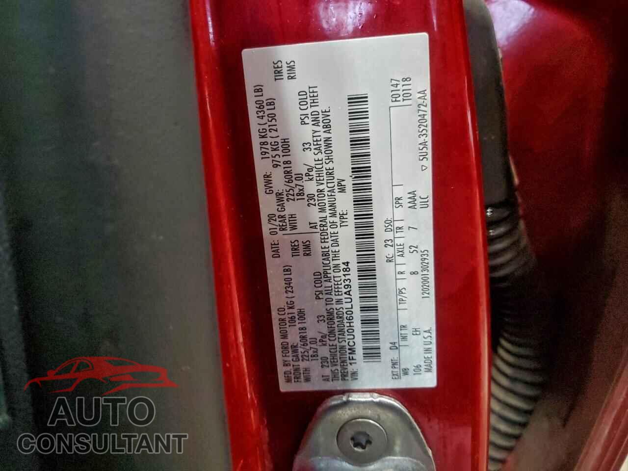 FORD ESCAPE 2020 - 1FMCU0H60LUA93184