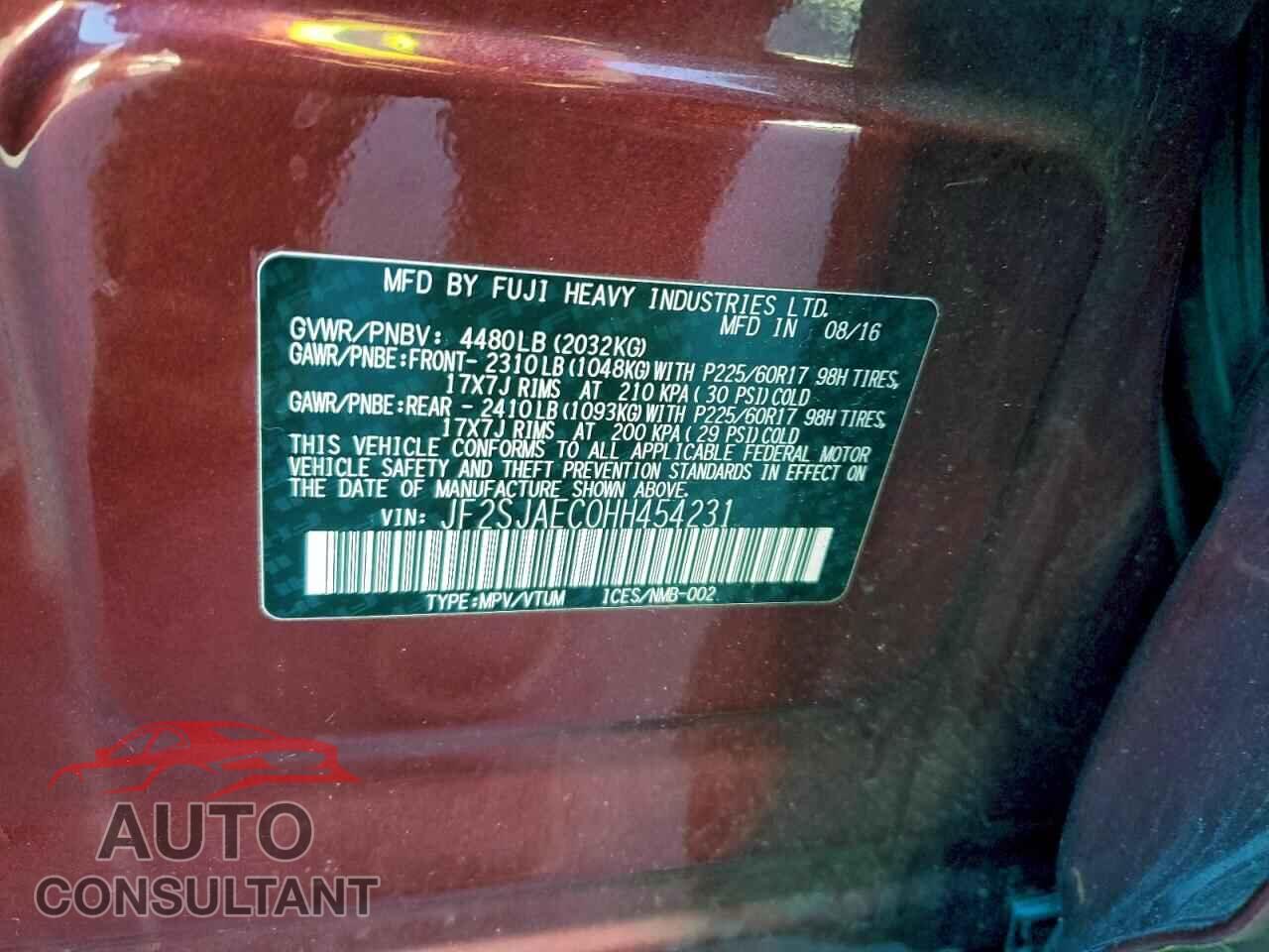 SUBARU FORESTER 2017 - JF2SJAEC0HH454231