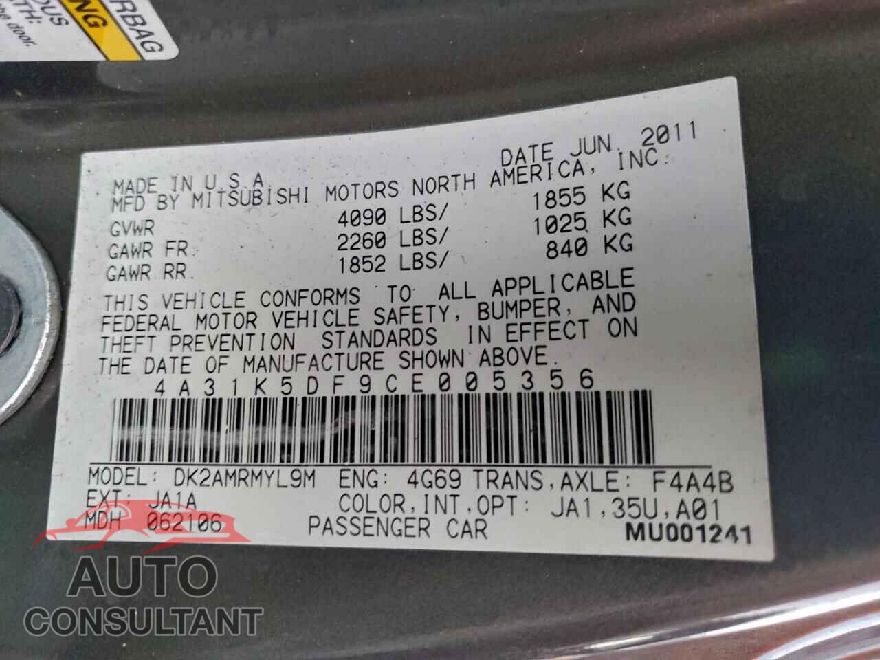 MITSUBISHI ECLIPSE 2012 - 4A31K5DF9CE005356