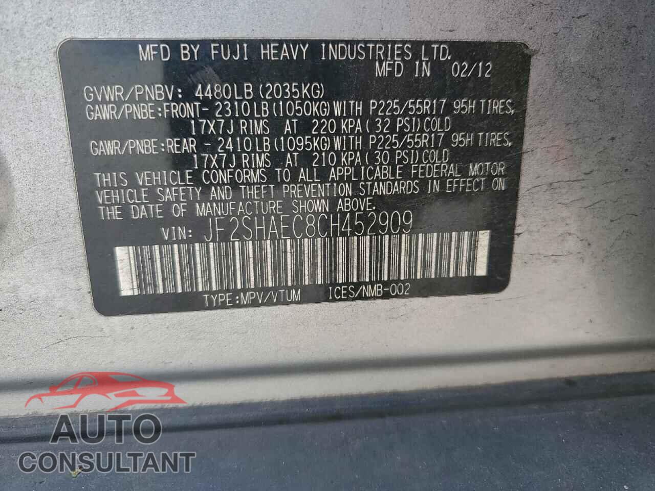 SUBARU FORESTER 2012 - JF2SHAEC8CH452909
