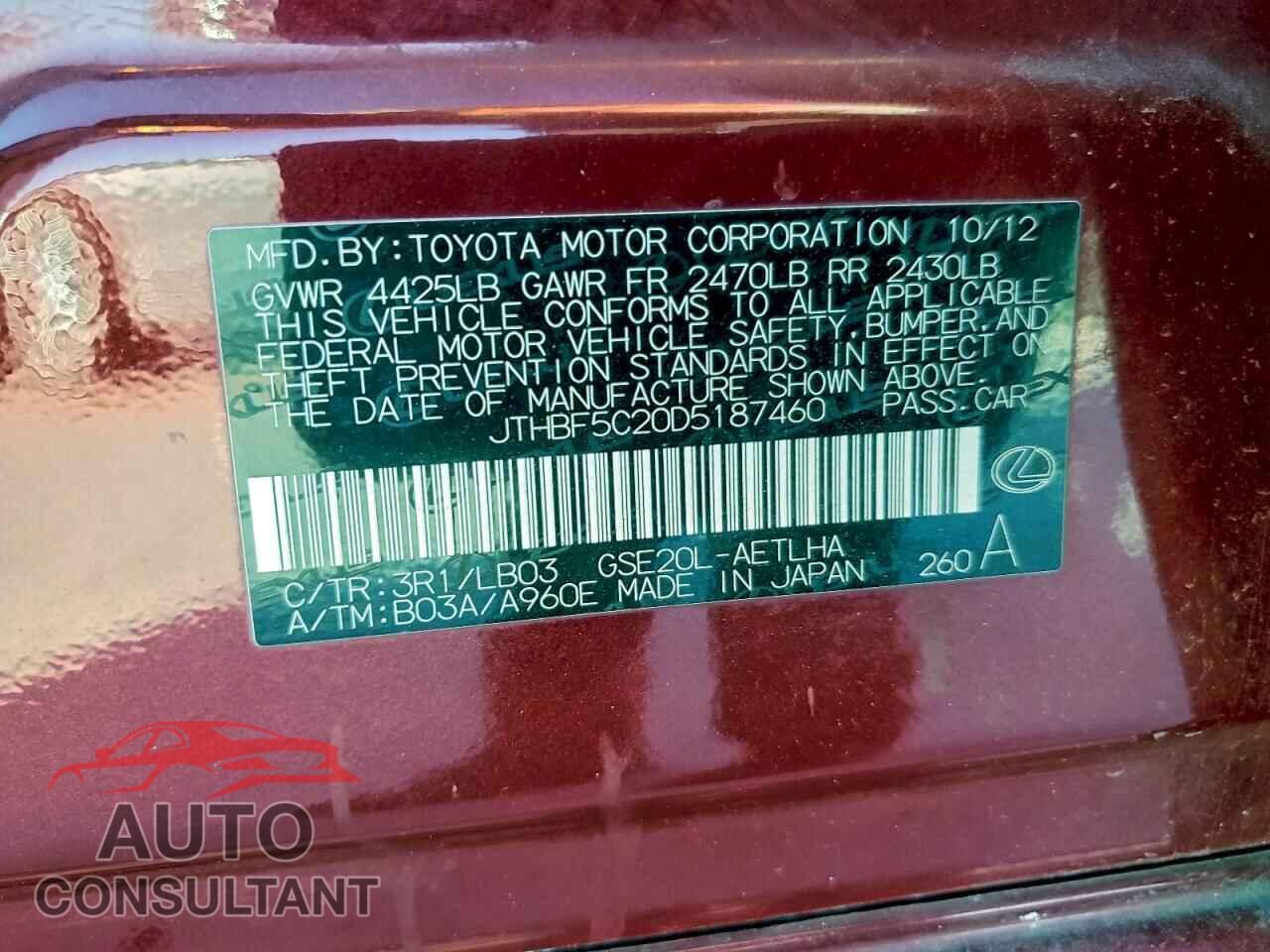 LEXUS IS 2013 - JTHBF5C20D5187460