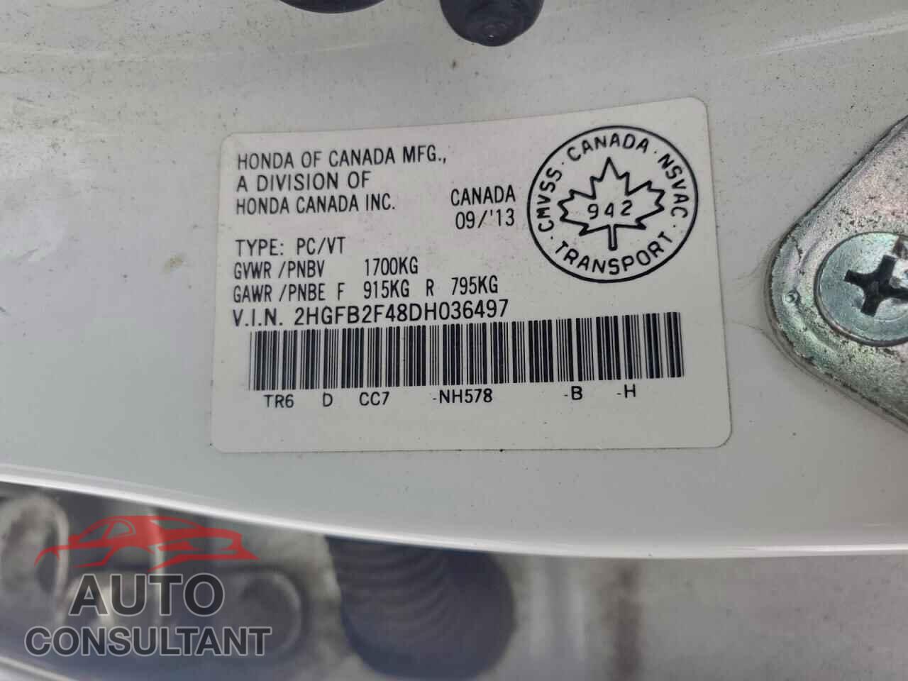 HONDA CIVIC 2013 - 2HGFB2F48DH036497