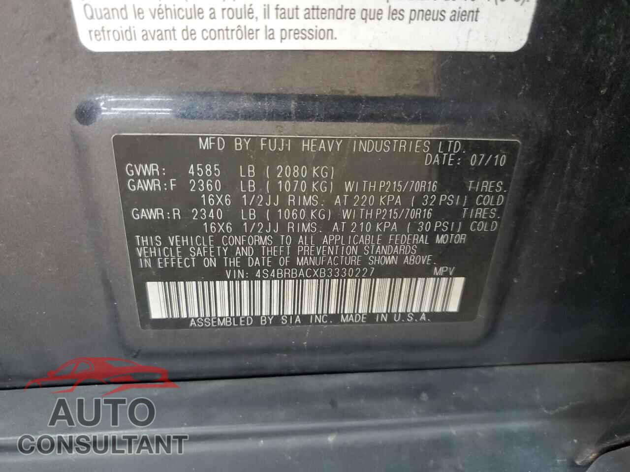 SUBARU OUTBACK 2011 - 4S4BRBACXB3330227