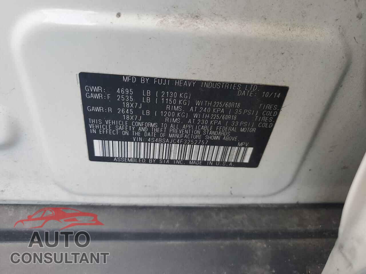 SUBARU OUTBACK 2015 - 4S4BSAJC4F3252757