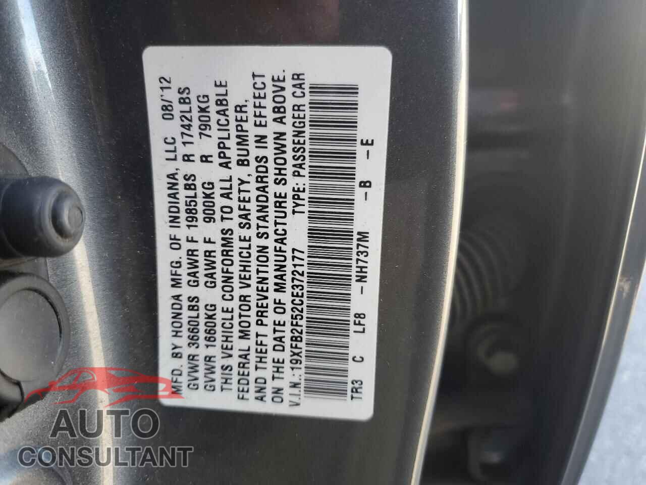 HONDA CIVIC 2012 - 19XFB2F52CE372177