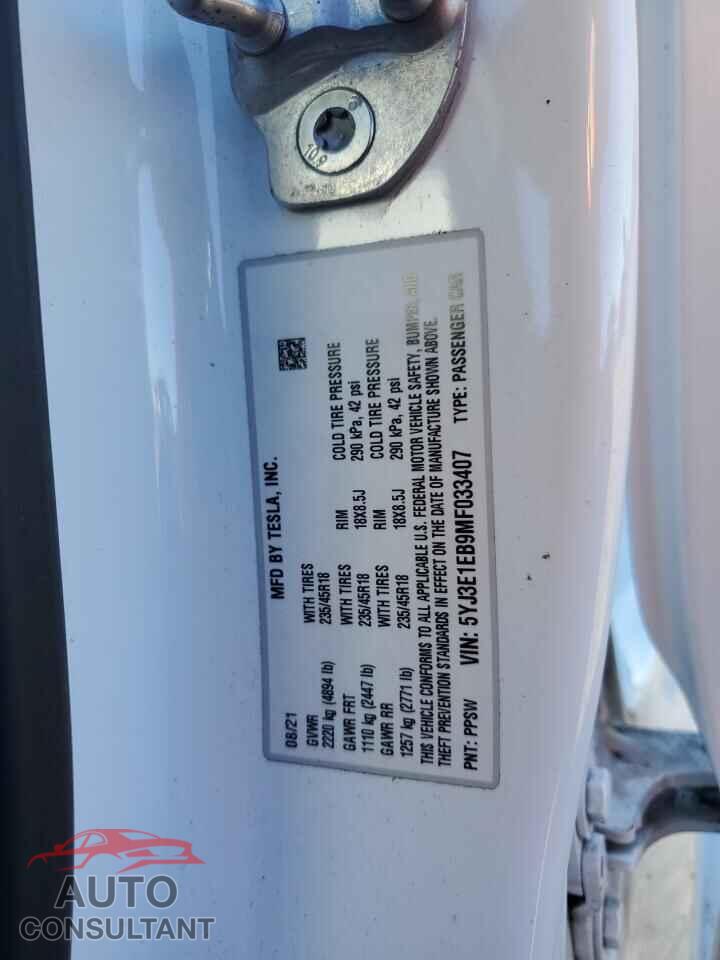 TESLA MODEL 3 2021 - 5YJ3E1EB9MF033407