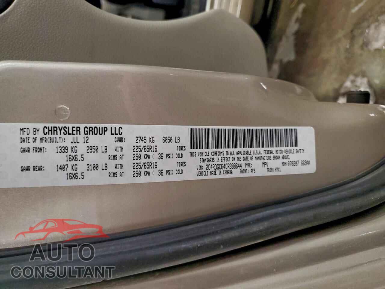 DODGE CARAVAN 2012 - 2C4RDGCG4CR398644