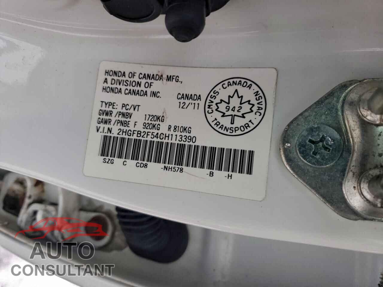 HONDA CIVIC 2012 - 2HGFB2F54CH113390