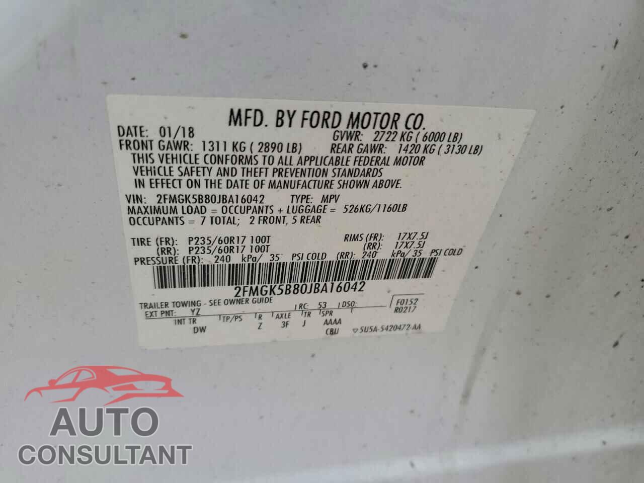 FORD FLEX 2018 - 2FMGK5B80JBA16042