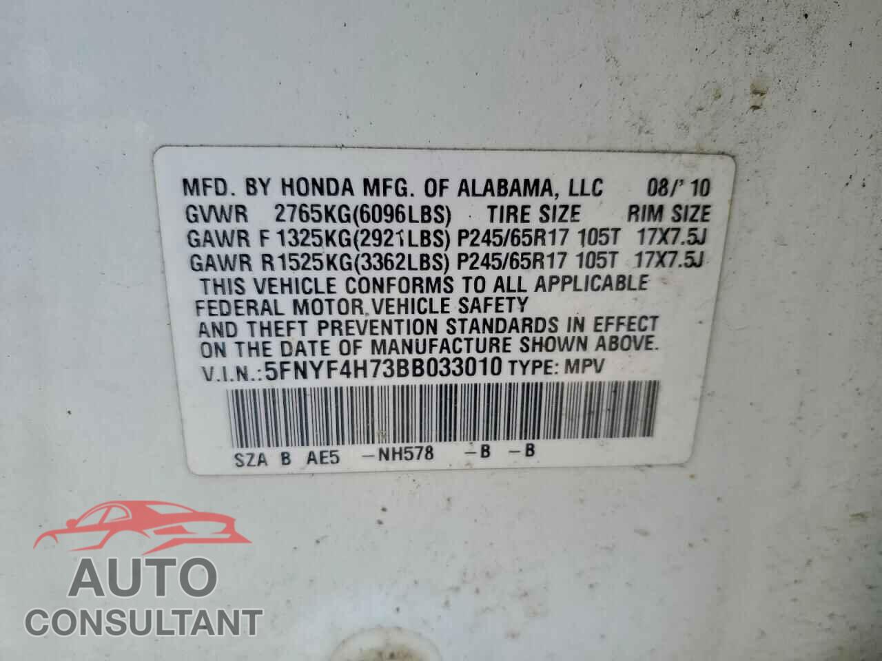HONDA PILOT 2011 - 5FNYF4H73BB033010