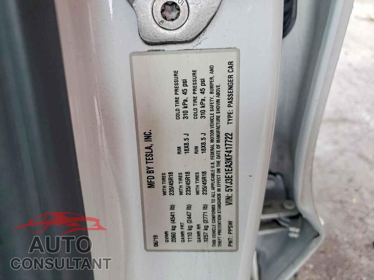TESLA MODEL 3 2019 - 5YJ3E1EA3KF417722