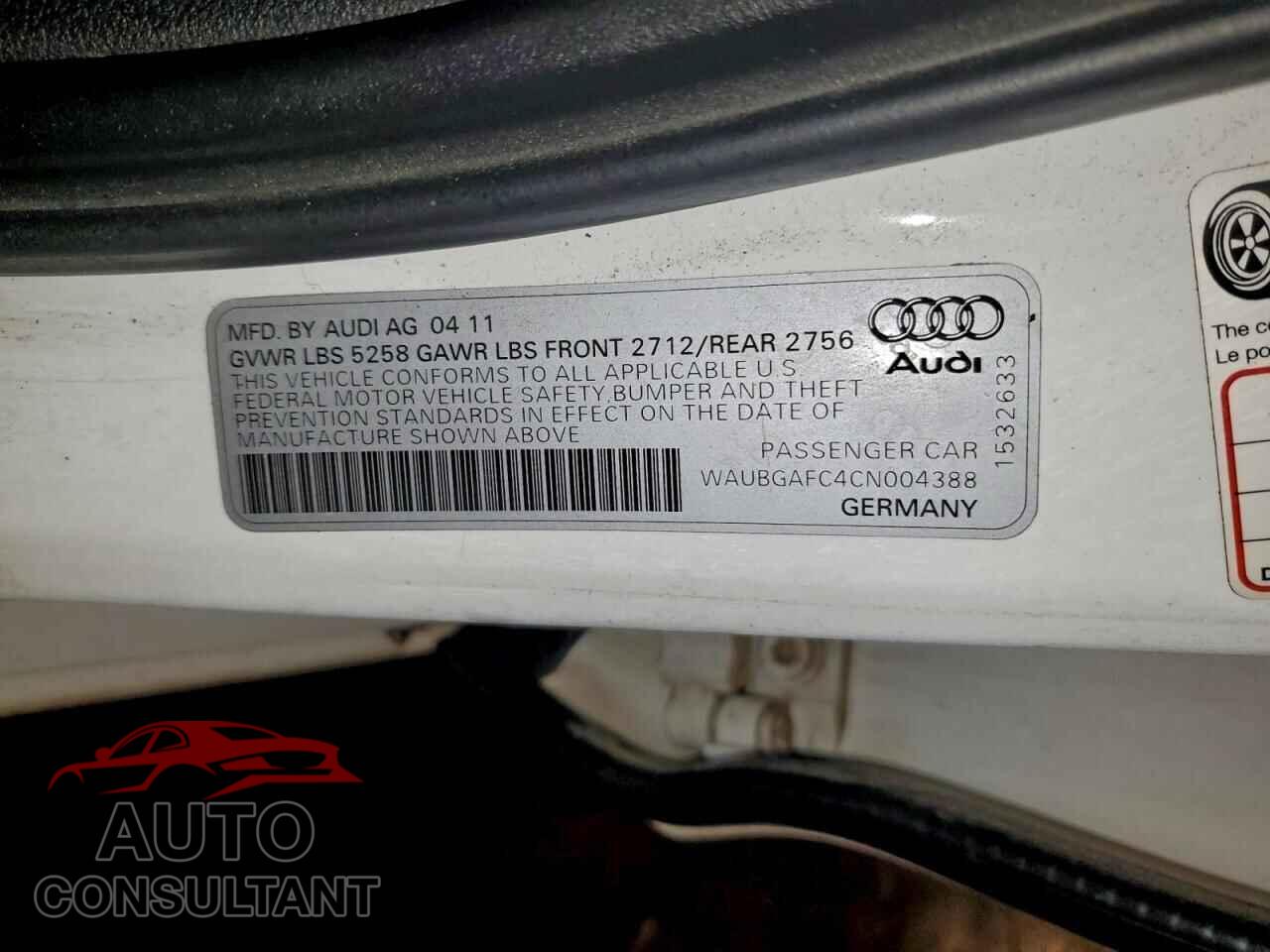 AUDI A6 2012 - WAUBGAFC4CN004388
