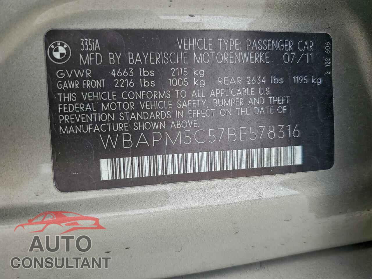 BMW 3 SERIES 2011 - WBAPM5C57BE578316