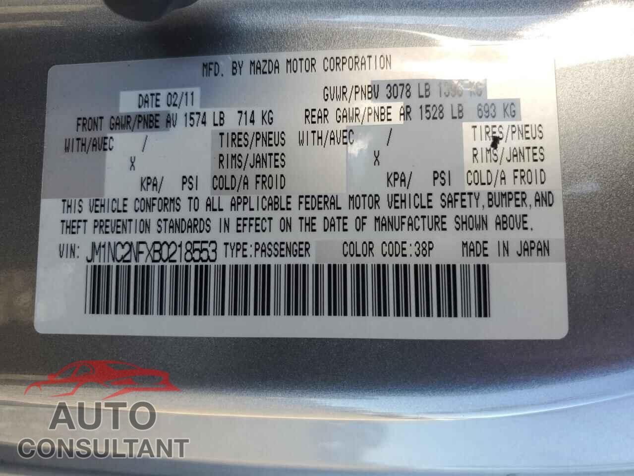 MAZDA MX5 2011 - JM1NC2NFXB0218553