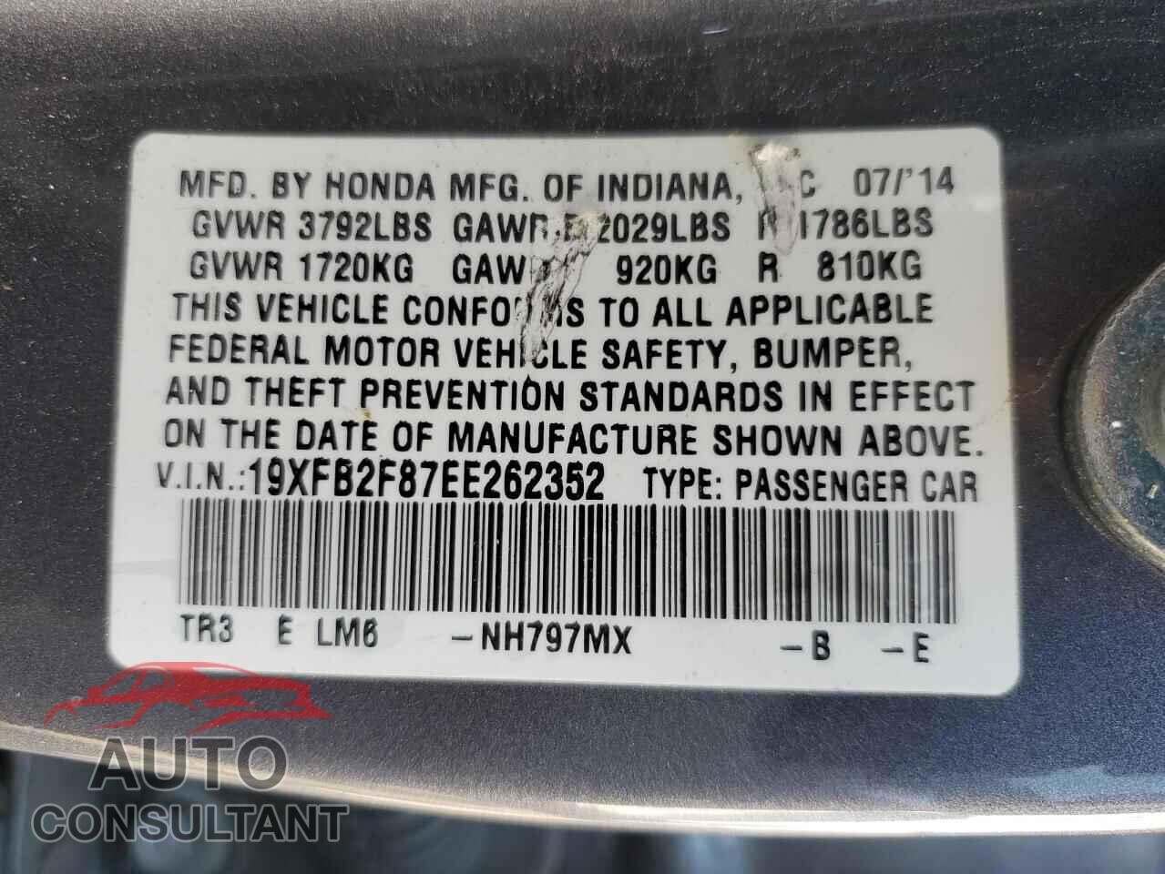 HONDA CIVIC 2014 - 19XFB2F87EE262352