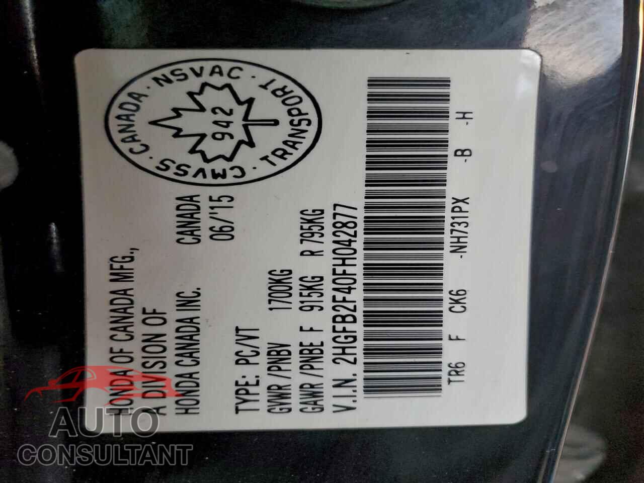 HONDA CIVIC 2015 - 2HGFB2F40FH042877