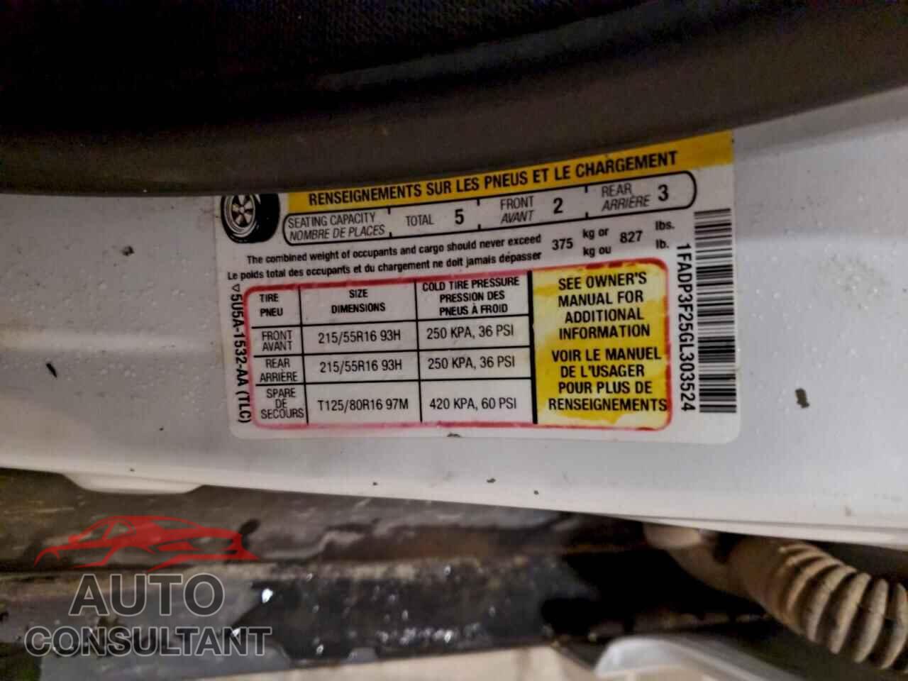FORD FOCUS 2016 - 1FADP3F25GL303524