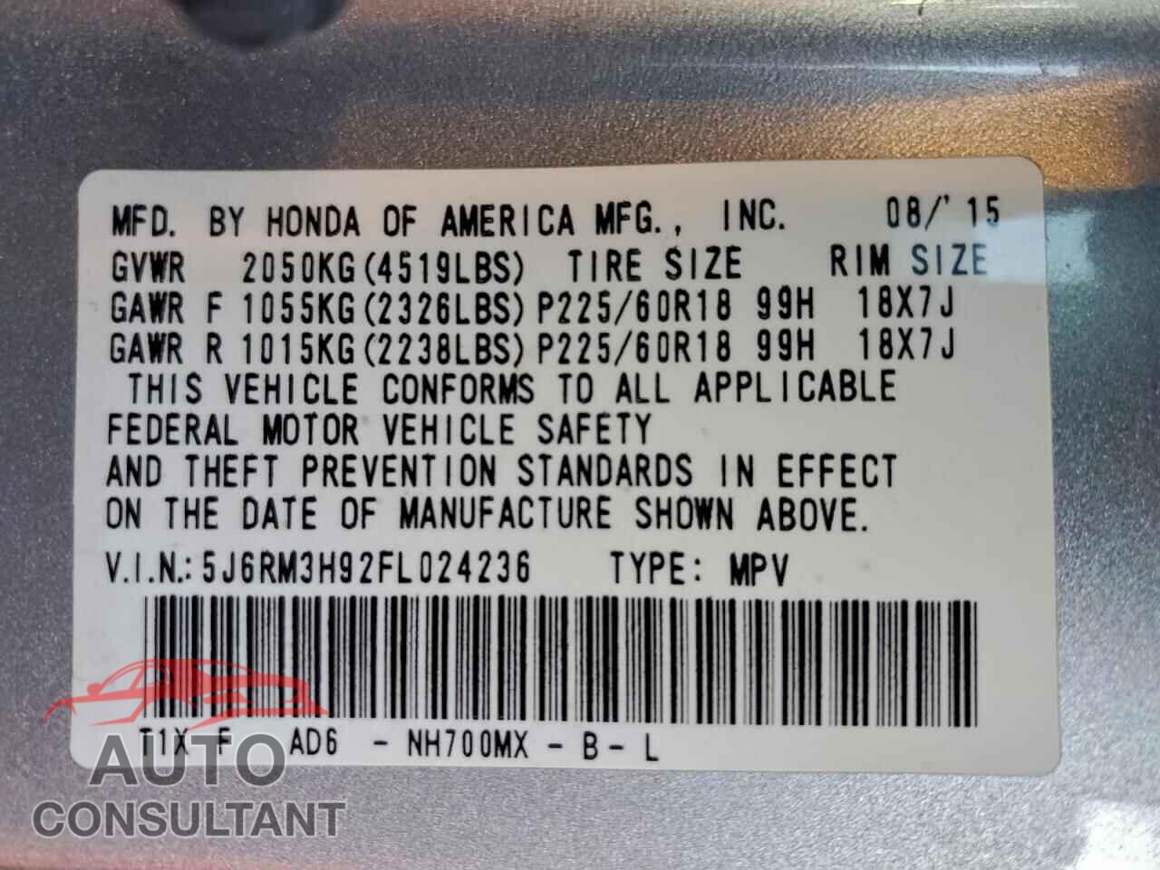HONDA CRV 2015 - 5J6RM3H92FL024236