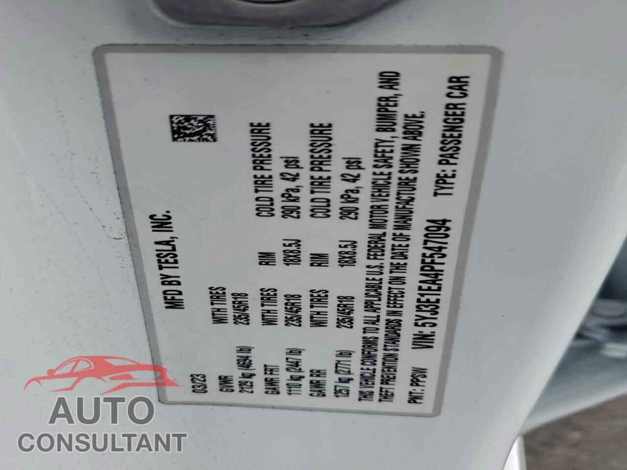 TESLA MODEL 3 2023 - 5YJ3E1EA4PF547094
