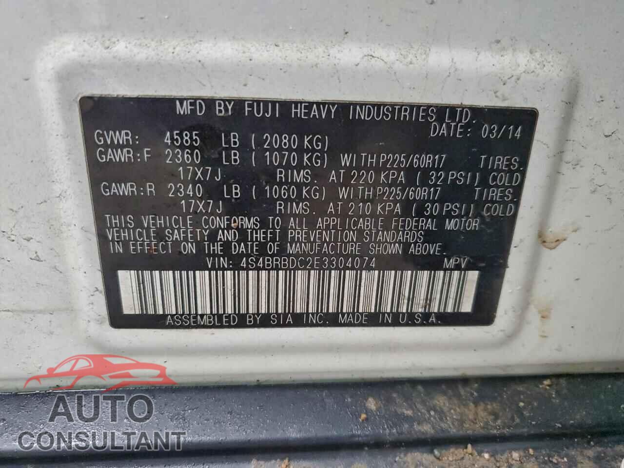 SUBARU OUTBACK 2014 - 4S4BRBDC2E3304074