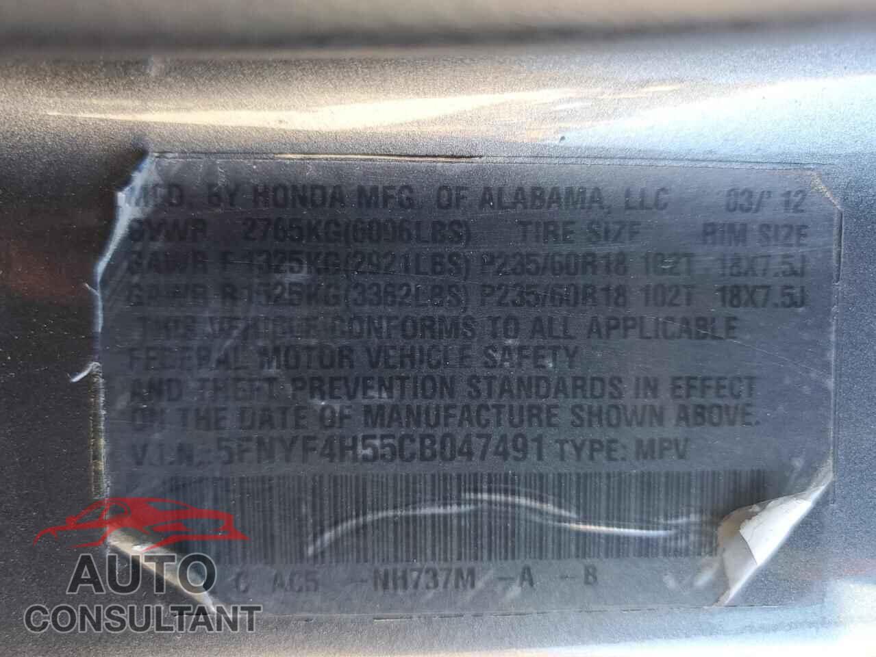 HONDA PILOT 2012 - 5FNYF4H55CB047491