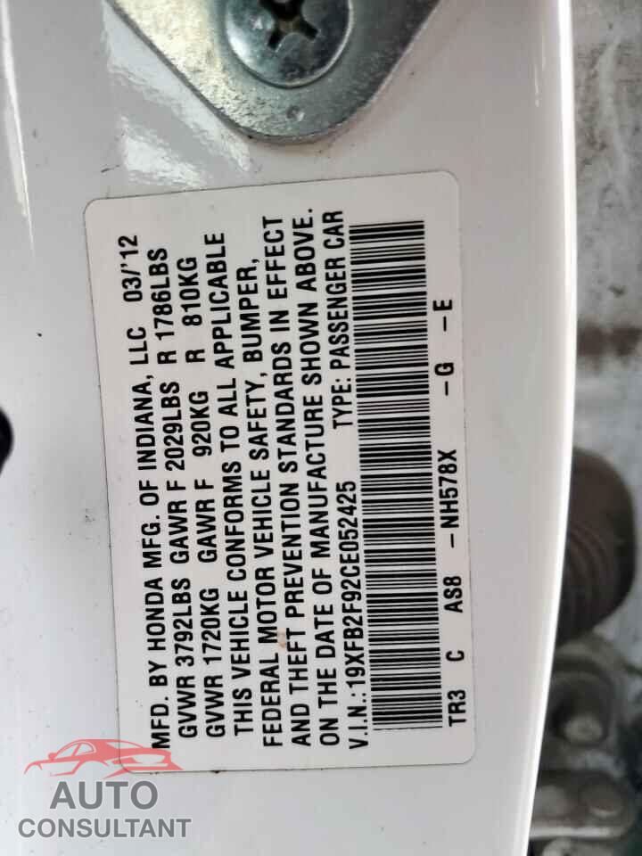 HONDA CIVIC 2012 - 19XFB2F92CE052425