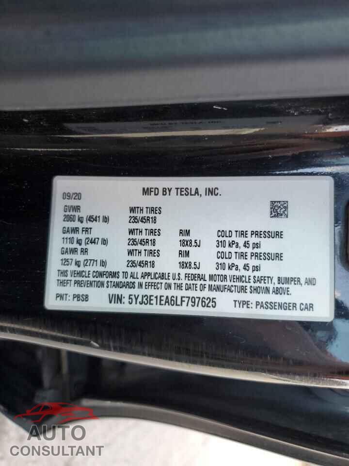 TESLA MODEL 3 2020 - 5YJ3E1EA6LF797625