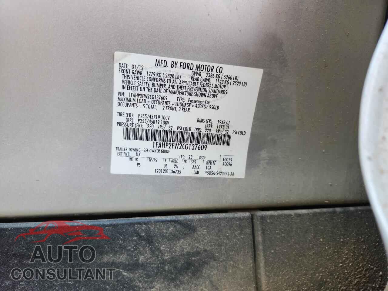 FORD TAURUS 2012 - 1FAHP2FW2CG137609
