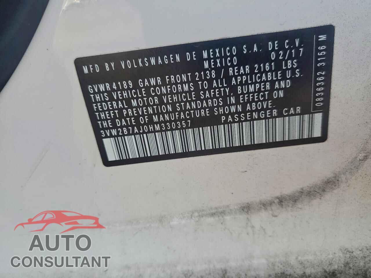 VOLKSWAGEN JETTA 2017 - 3VW2B7AJ0HM330357