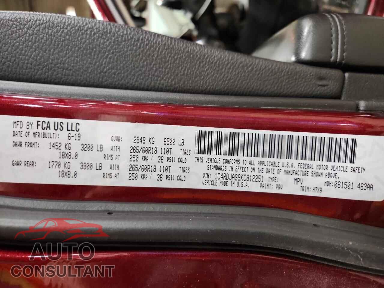 DODGE DURANGO 2019 - 1C4RDJAG9KC812251
