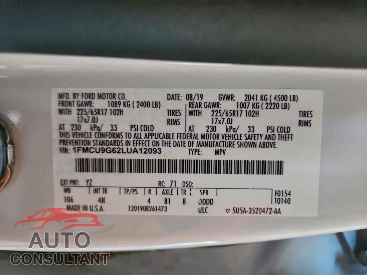 FORD ESCAPE 2020 - 1FMCU9G62LUA12093