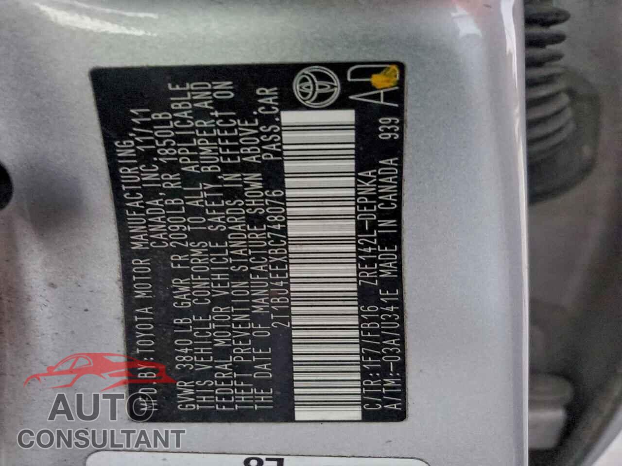 TOYOTA COROLLA 2011 - 2T1BU4EEXBC748076