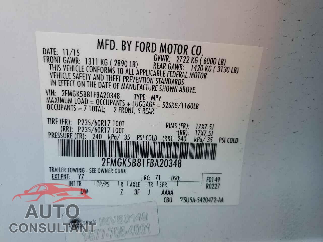 FORD FLEX 2015 - 2FMGK5B81FBA20348
