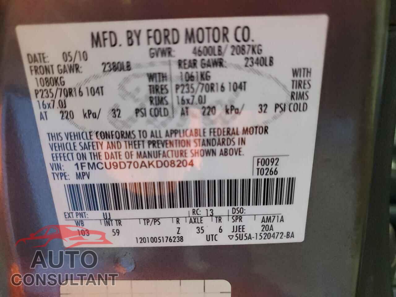 FORD ESCAPE 2010 - 1FMCU9D70AKD08204