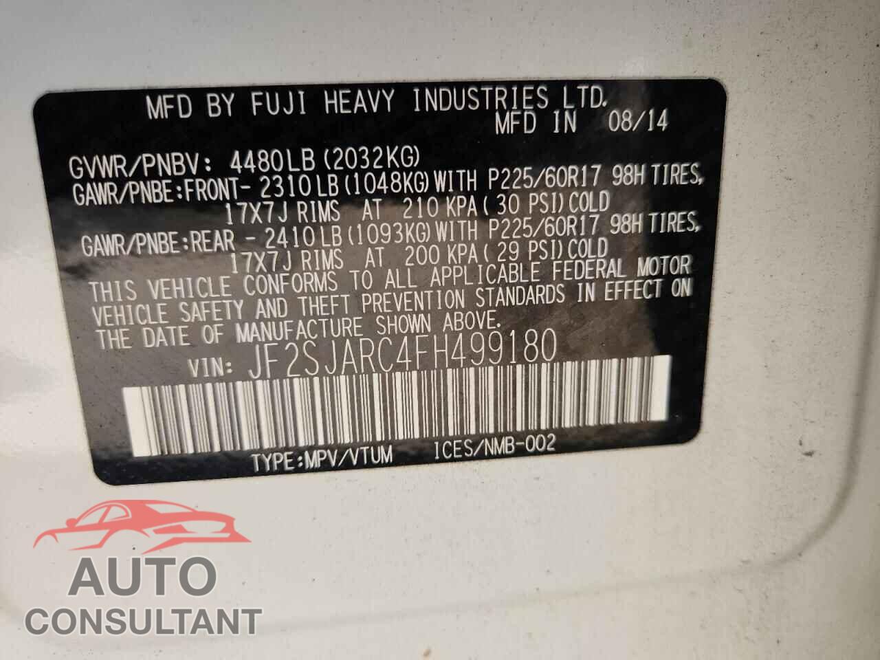 SUBARU FORESTER 2015 - JF2SJARC4FH499180