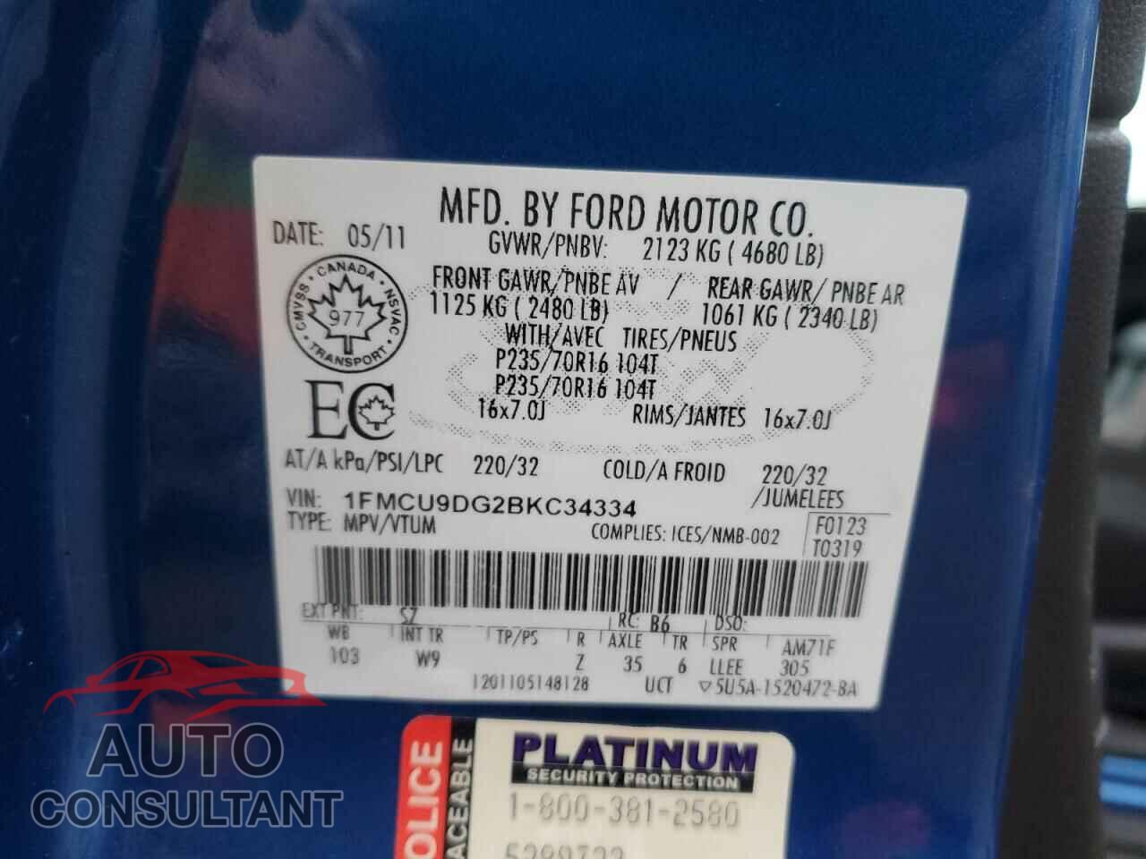 FORD ESCAPE 2011 - 1FMCU9DG2BKC34334