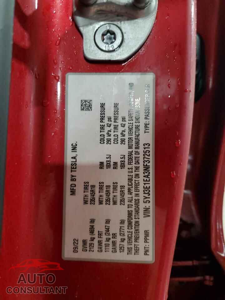 TESLA MODEL 3 2022 - 5YJ3E1EA3NF372513