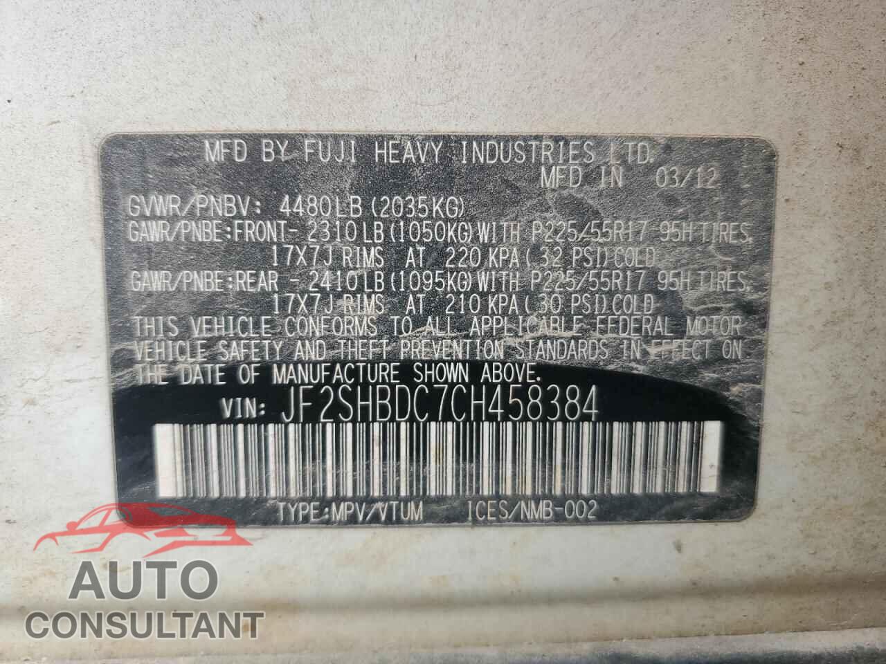 SUBARU FORESTER 2012 - JF2SHBDC7CH458384