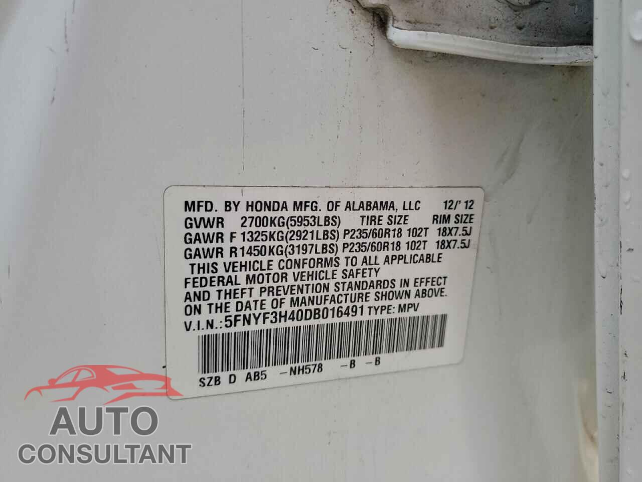 HONDA PILOT 2013 - 5FNYF3H40DB016491