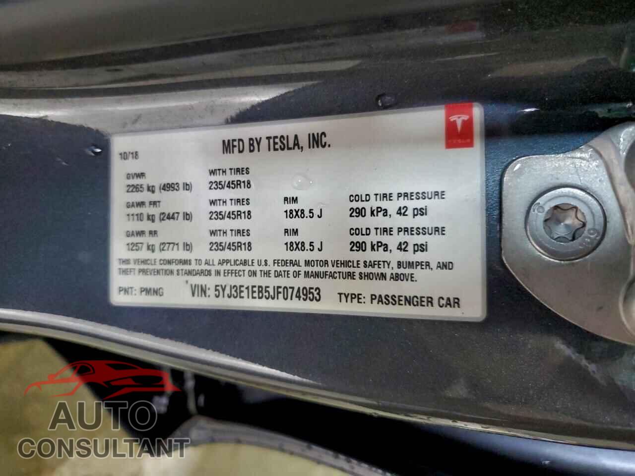 TESLA MODEL 3 2018 - 5YJ3E1EB5JF074953